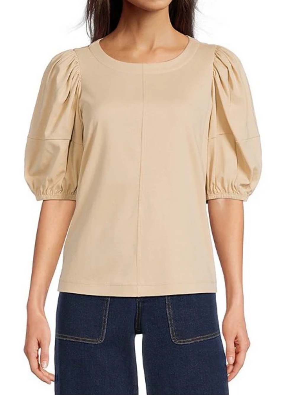 Gibson & Latimer Knit Crew Neck 3/4 Puff Sleeve Tee Shirt in Taupe